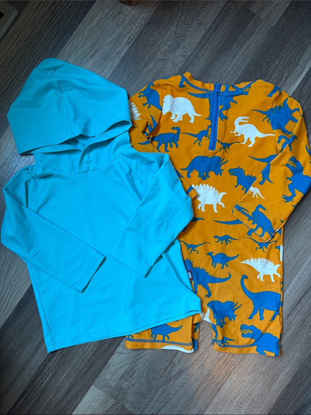 Toddler Blue Sun Protection Hoodie & Mustard Dino Rashguard Set UPF 50+